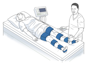 Person lying on examination table with blood pressure cuffs on thighs, lower legs, ankles and feet. Health Care provider is pressing an instrument against the patient's foot.