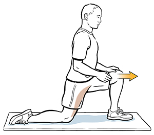 Un hombre arrodillado sobre una rodilla hace estiramiento de cadera.