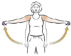 Mujer haciendo ejercicios de levantamiento lateral del hombro con una mancuerna.