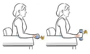 Mujer sentada en una silla con el brazo apoyado sobre la mesa mientras hace un ejercicio de supinación con peso en la mano.
